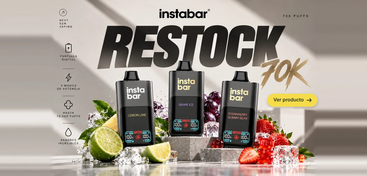 Instabar Restock 70K: hasta 70,000 puffs, pantalla digital y 3 modos de potencia. Ver producto.